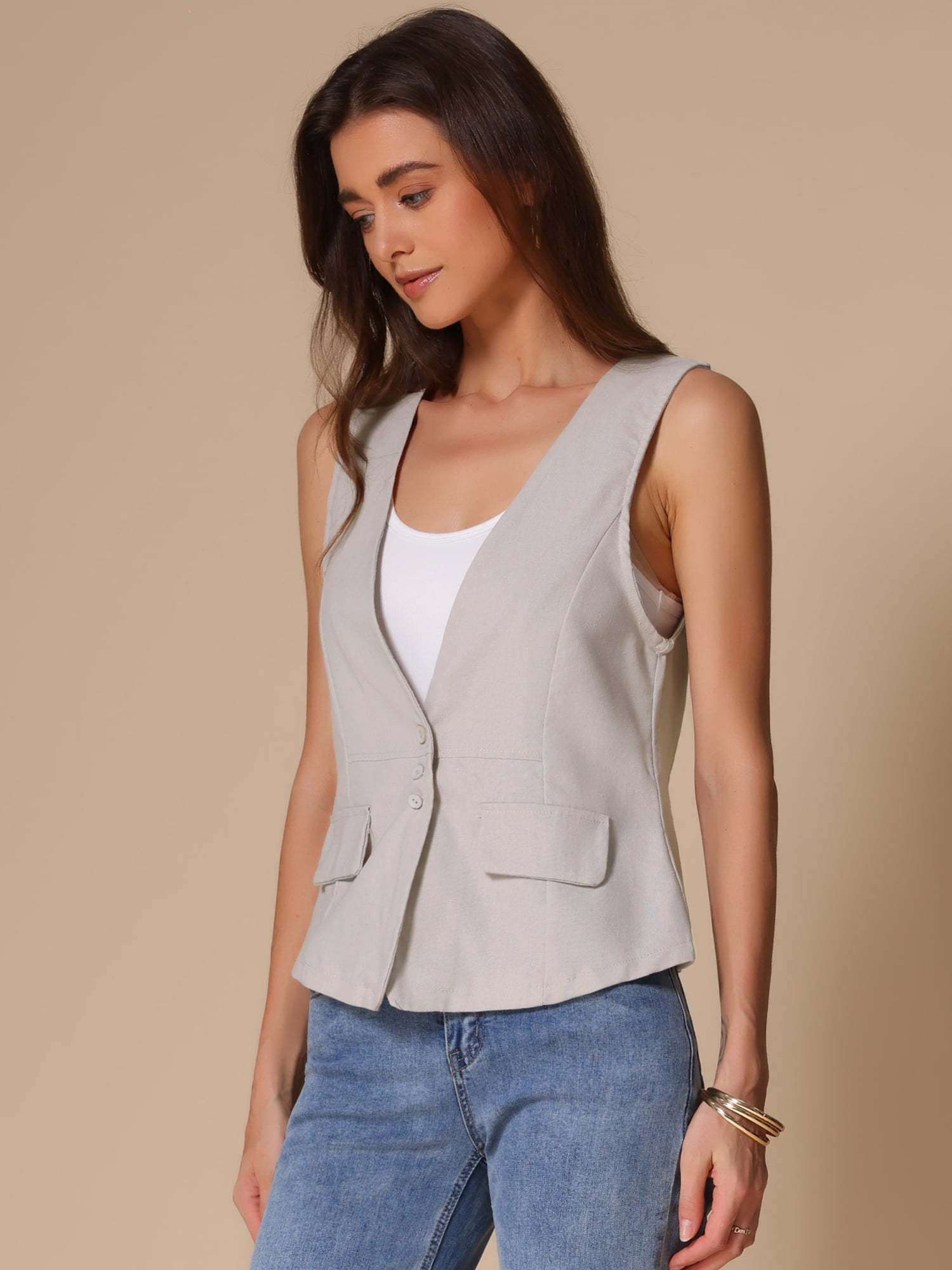 DARING DIVA Womens Linen Vest Loose Sleeveless Blazer Lightweight Jacket M Beige