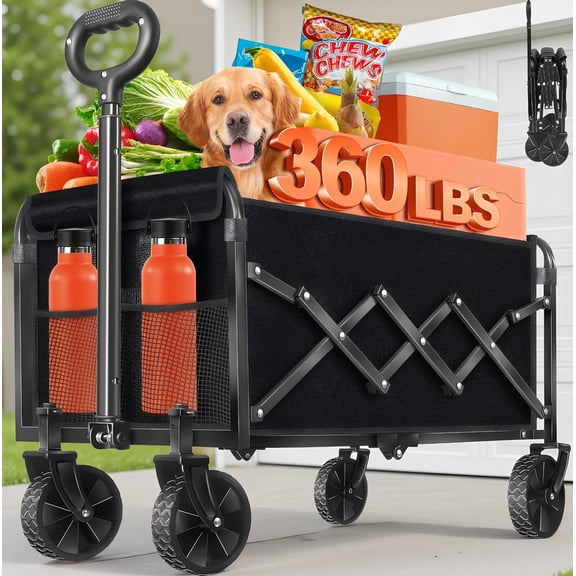 Foldable Wagon Cart with Wheels, Collapsible Beach Wagon, 360 LBS Capacity, Heavy Duty Folding Wagons for Beach, Camping, Sports, Garden, Black, 2 Cup Holders