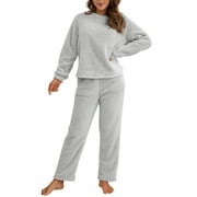 Gupgi Women?s Plush Solid Color Long Sleeve Tops and Trousers Pajamas Sets