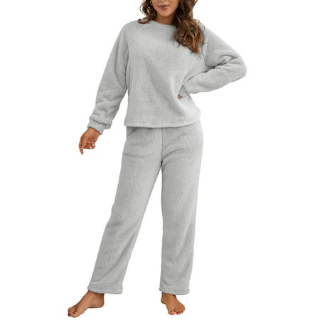 

2 Piece Outfits Women s Fleece Sherpa Lined Sweatsuits Long Sleeve Sweatshirt and Sweat Pants Winter Warm Pajamas Set