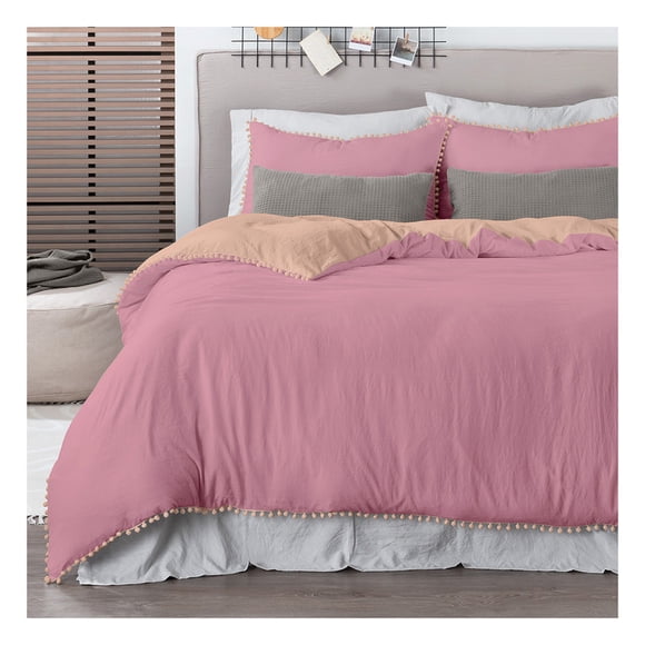 Funda de Edredón Duvet con Pompones y Funda de Almohada Esquimal (Rosa - Durazno, Individual)