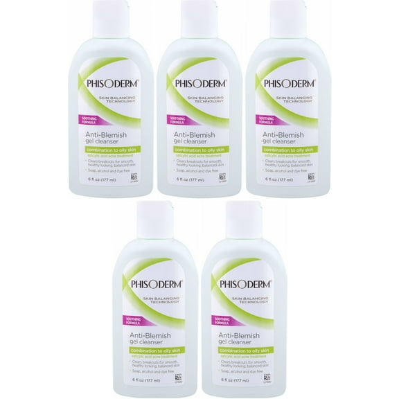 5 Pack Phisoderm Anti-Blemish Gel Cleanser Soothing Formula 6 oz Ea by Phisoderm