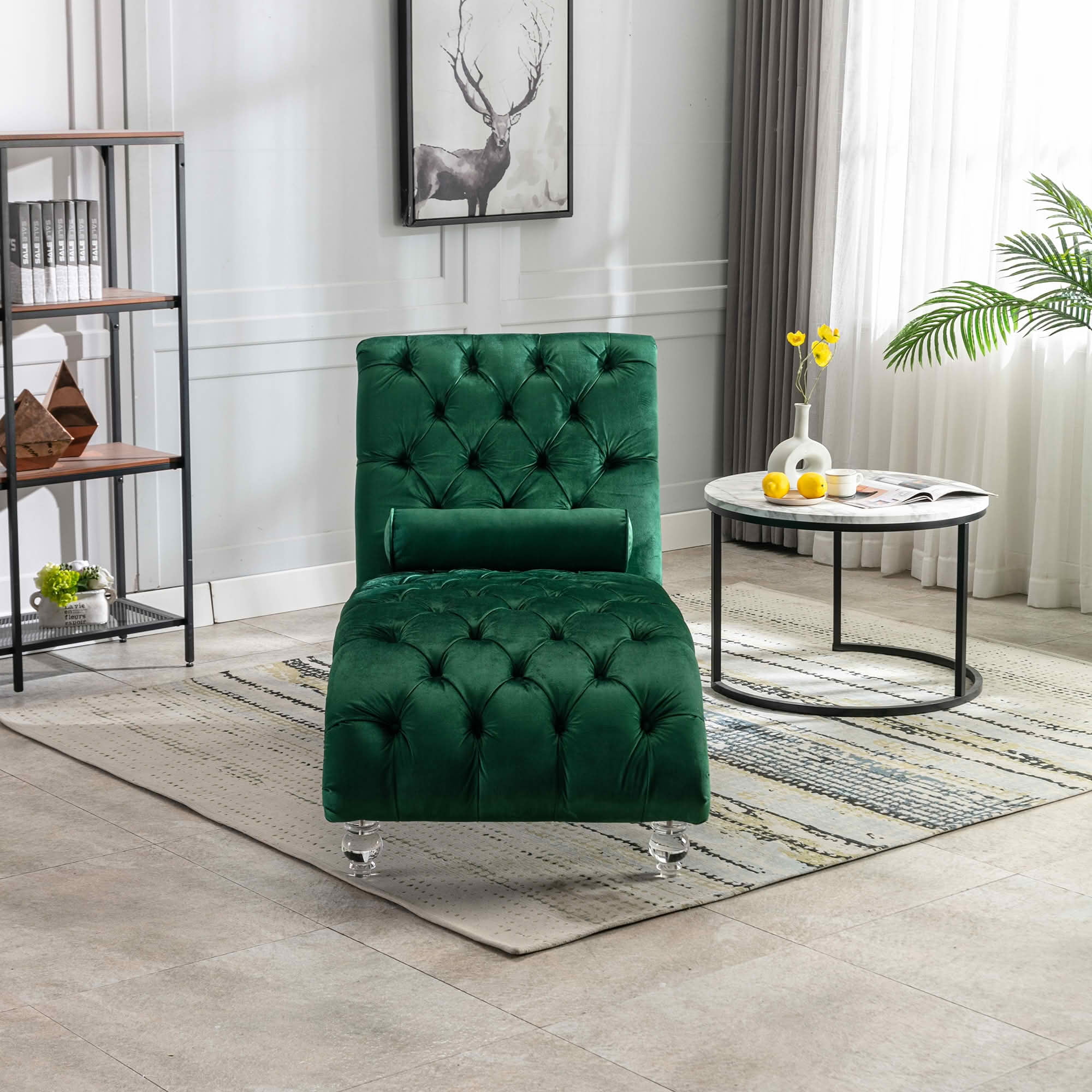 MAYEERTY Velvet Button Tufted Chaise Lounge with Pillow, Ergonomic S-Shape Indoor Lounge Chair with Wood Frame Acrylic Legs for Bedroom Living Room Office