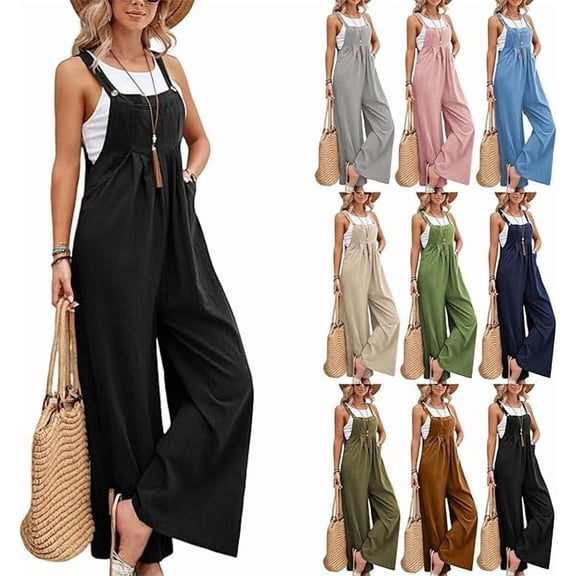 Aricy Linen Overalls for Women Loose Fit Adjustable Straps Wide Leg Jumpsuits Casual Summer Flowy Boho Rompers with Pockets