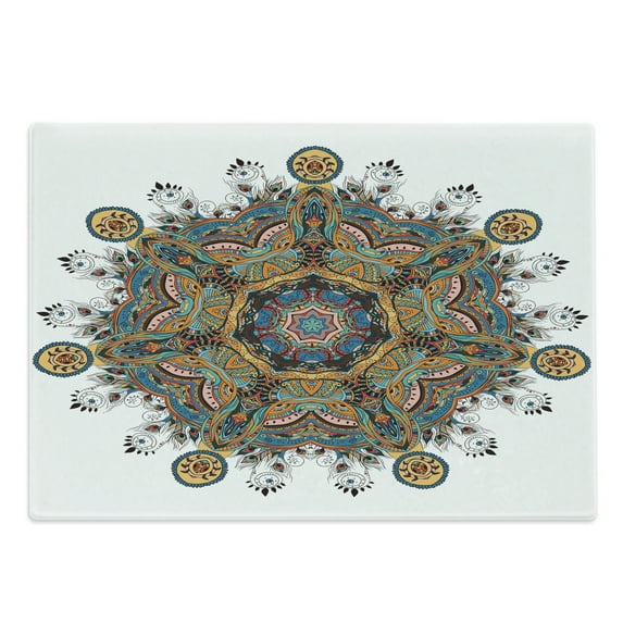 Mandala Cutting Board, Oriental Flower Pattern Several Exquisite Colors Cultural Bohemian, Decorative Tempered Glass Cutting and Serving Board, Large Size, Multicolor, by Ambesonne