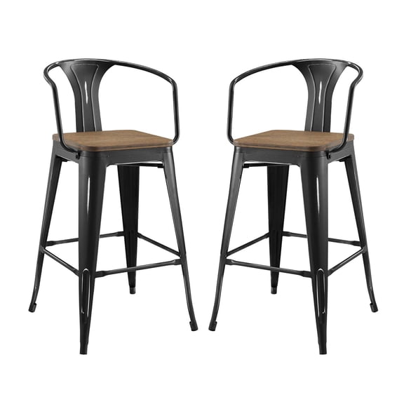 Bar Stool Chair Barstool, Set of 2, Wood, Metal Steel, Black, Modern Contemporary Urban Design, Bar Pub Cafe Bistro Hotel Restaurant Hospitality
