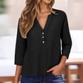 thumbnail image 2 of Womens 3/4 Sleeve T Shirts Solid Color Split Neck Summer Casual Soft Tee Tops Black L, 2 of 5