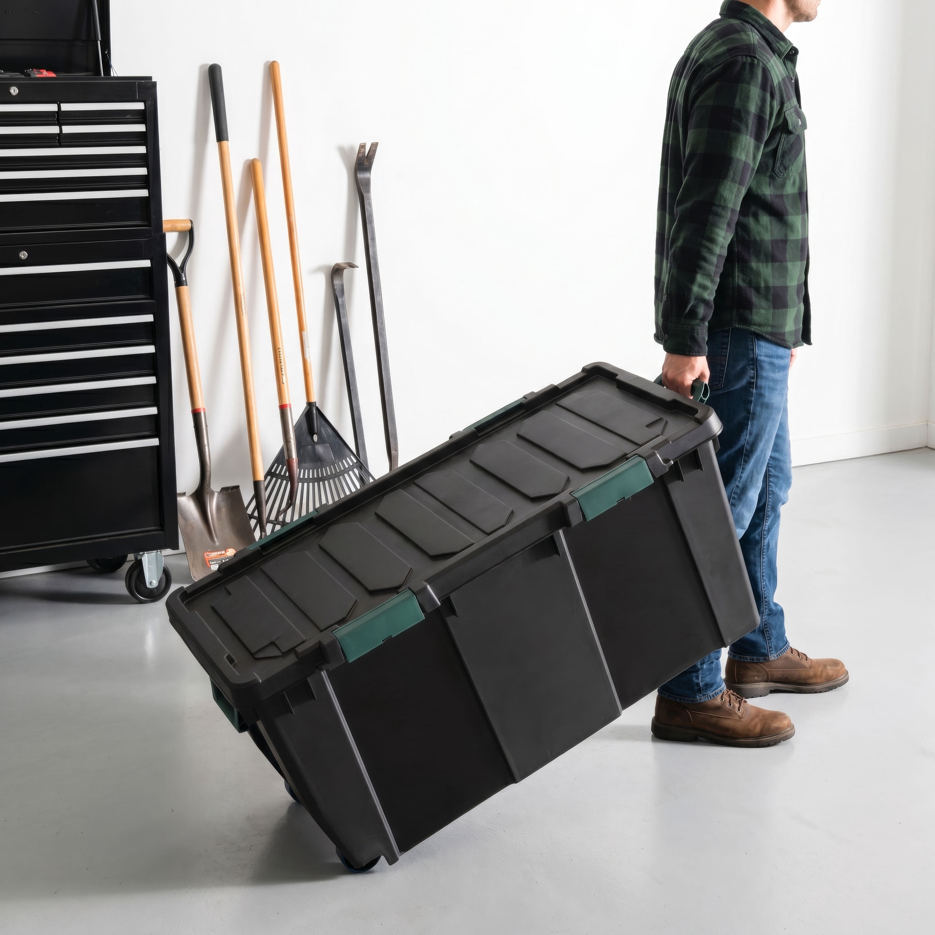 Remington, 32 Gal Plastic Storage Bins with Lids Latching Totes, Heavy Duty Containers with  Handle and Wheels Black 2Pk