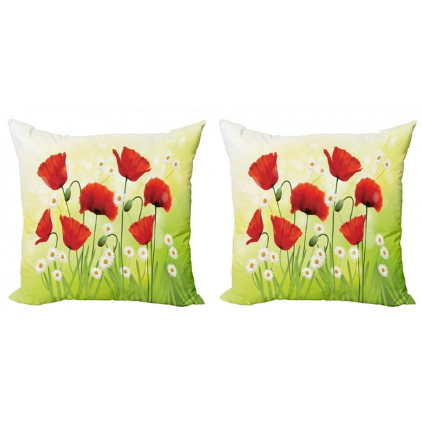 Poppy Throw Pillow Cushion Cover Pack Of 2 Spring Environment With Poppies And Daisies On Grass Flourishing Nature Illustration Zippered Double Side Digital Print 4 Sizes Red Green By Ambesonne Walmart Com