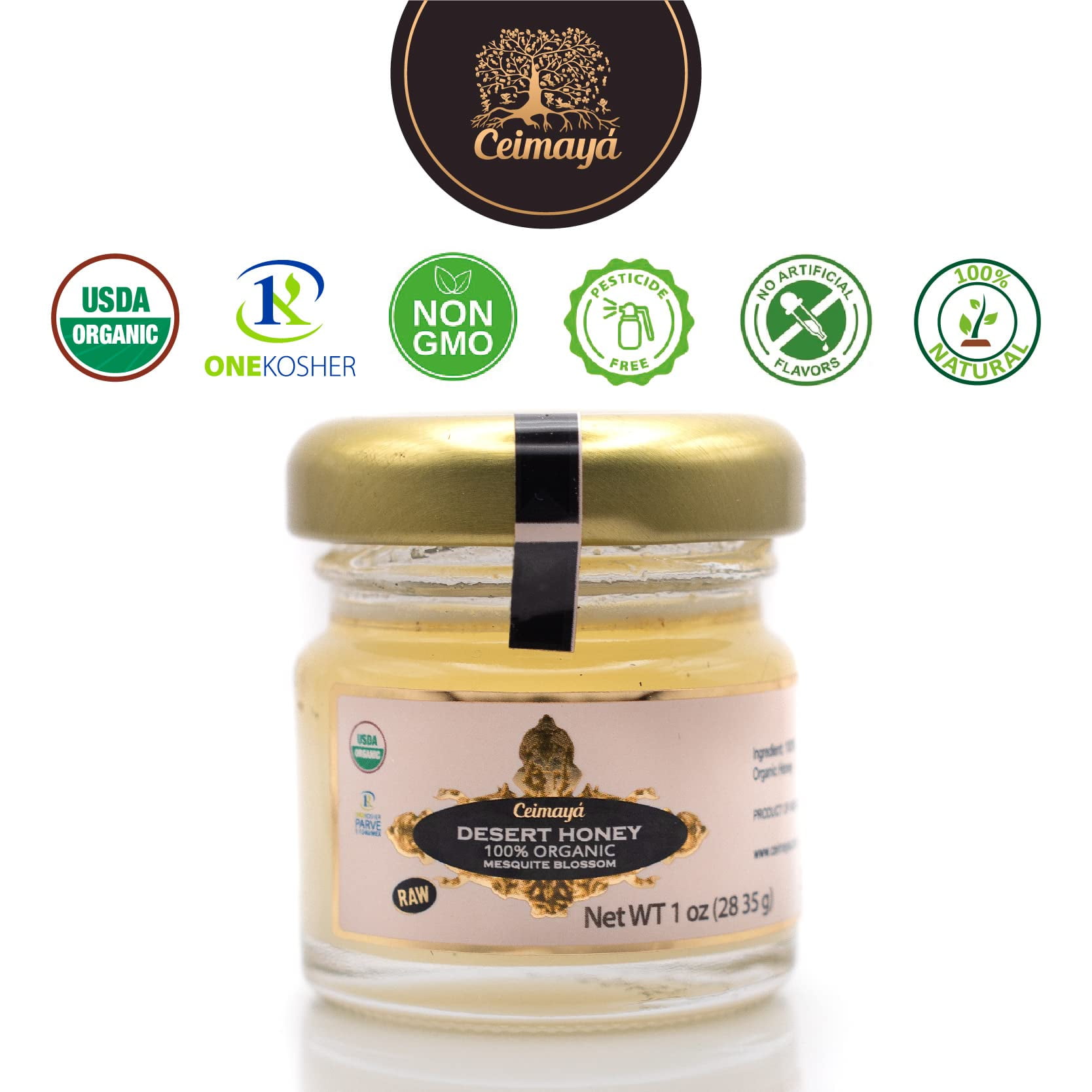 Ceimayá | Pack of 48 mini honey jars | Desert Honey, Mesquite creamy and pure raw honey, 100% Organic & Kosher | 1 oz each