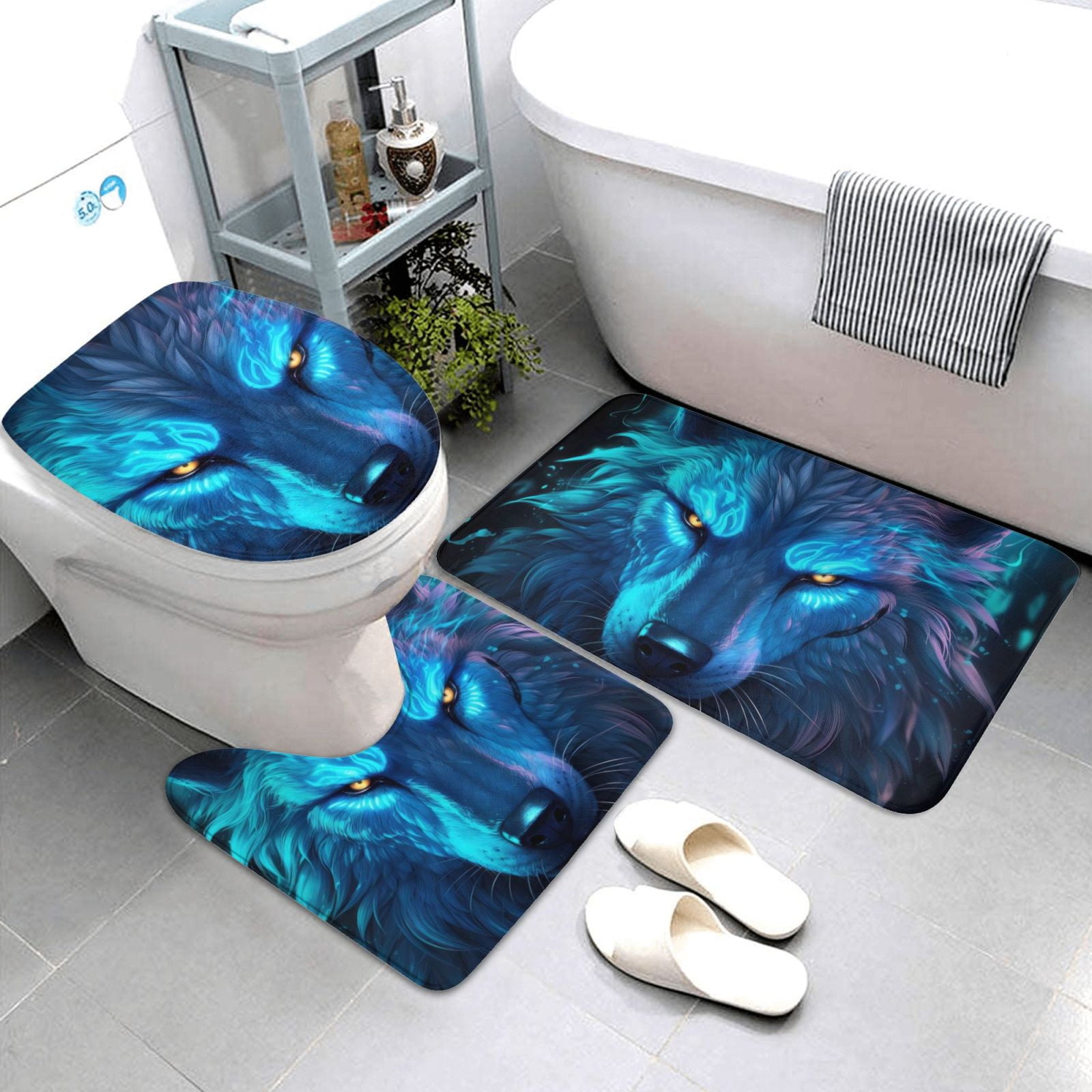 Bathroom Rugs Sets 3 Piece - Futuristic Blue Light Wolf Absorbent Non Slip Bath Mats, U-Shape Toilet Lid Cover, Contour Mat, Soft Washable Shower Mats Bath Rug Mat for Bathroom Tub Toilet