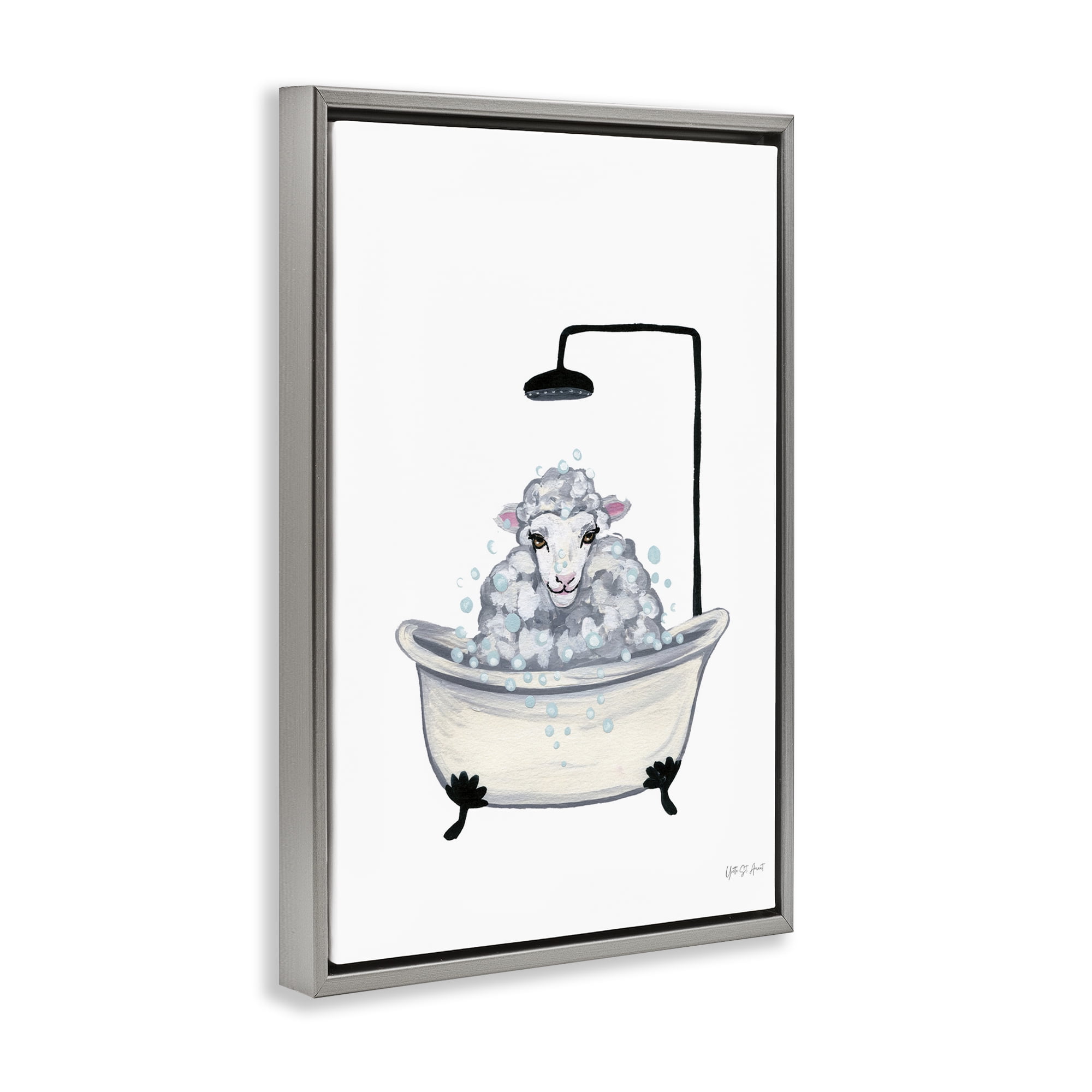 Stupell Industries Farm Sheep Bathtub Typography Painting Gray Floater Framed Canvas Art Print Wall Art, 21 x 31