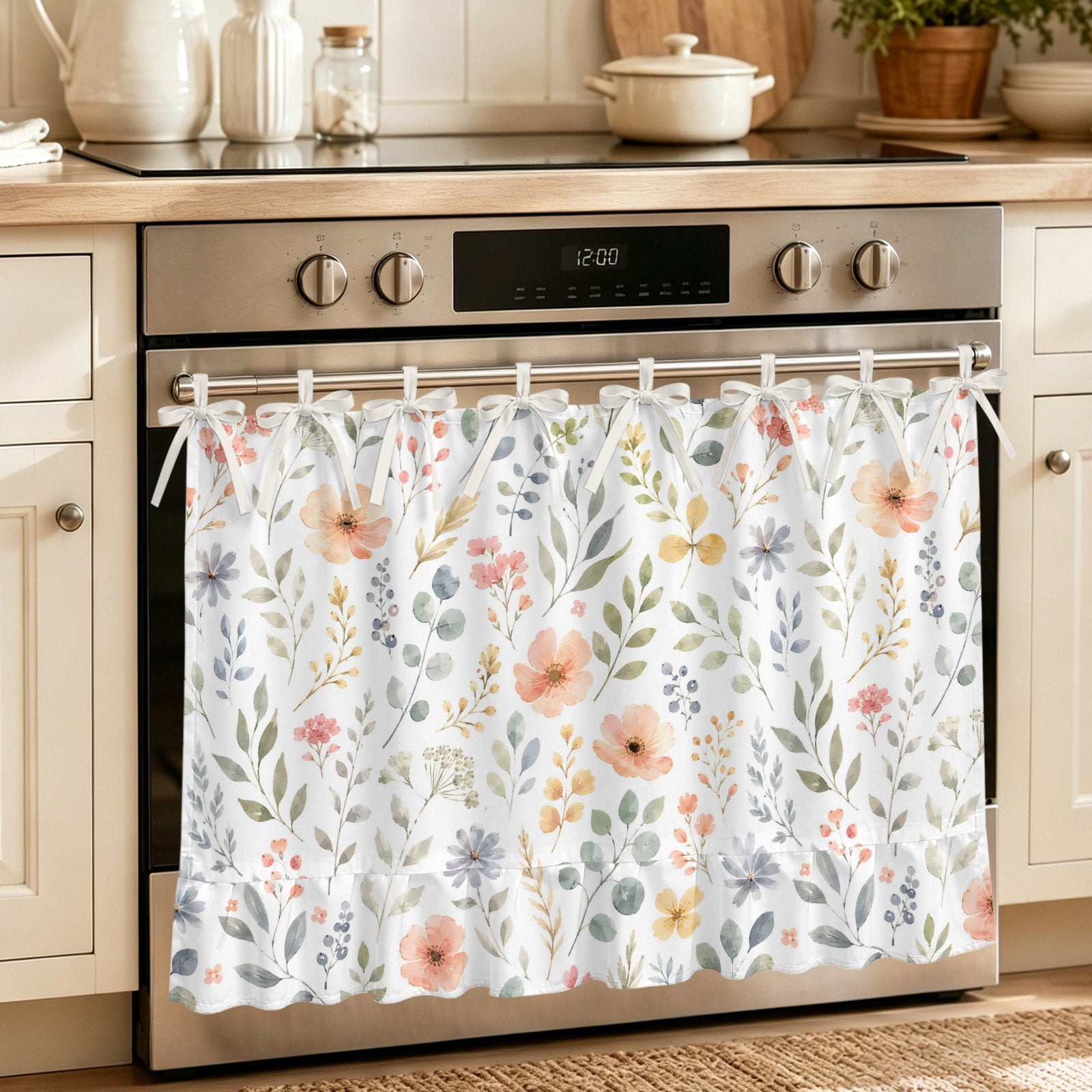 Oven Skirt Curtain for Kitchen 24x32 Inch Fall Botanical Oven Curtain with 8 Ribbon Ties & Ruffle Trim Stove Skirt Curtain Dishwasher for Cabinets Over Sinks Autumn Farmhouse Country Flower Leaf