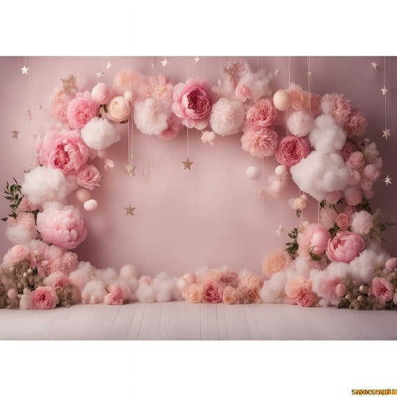 Pink Bear Digital Background for Baby Birthday Cake Smash Studio Photography Backdrops with Pastel Pink Star Background TD-02