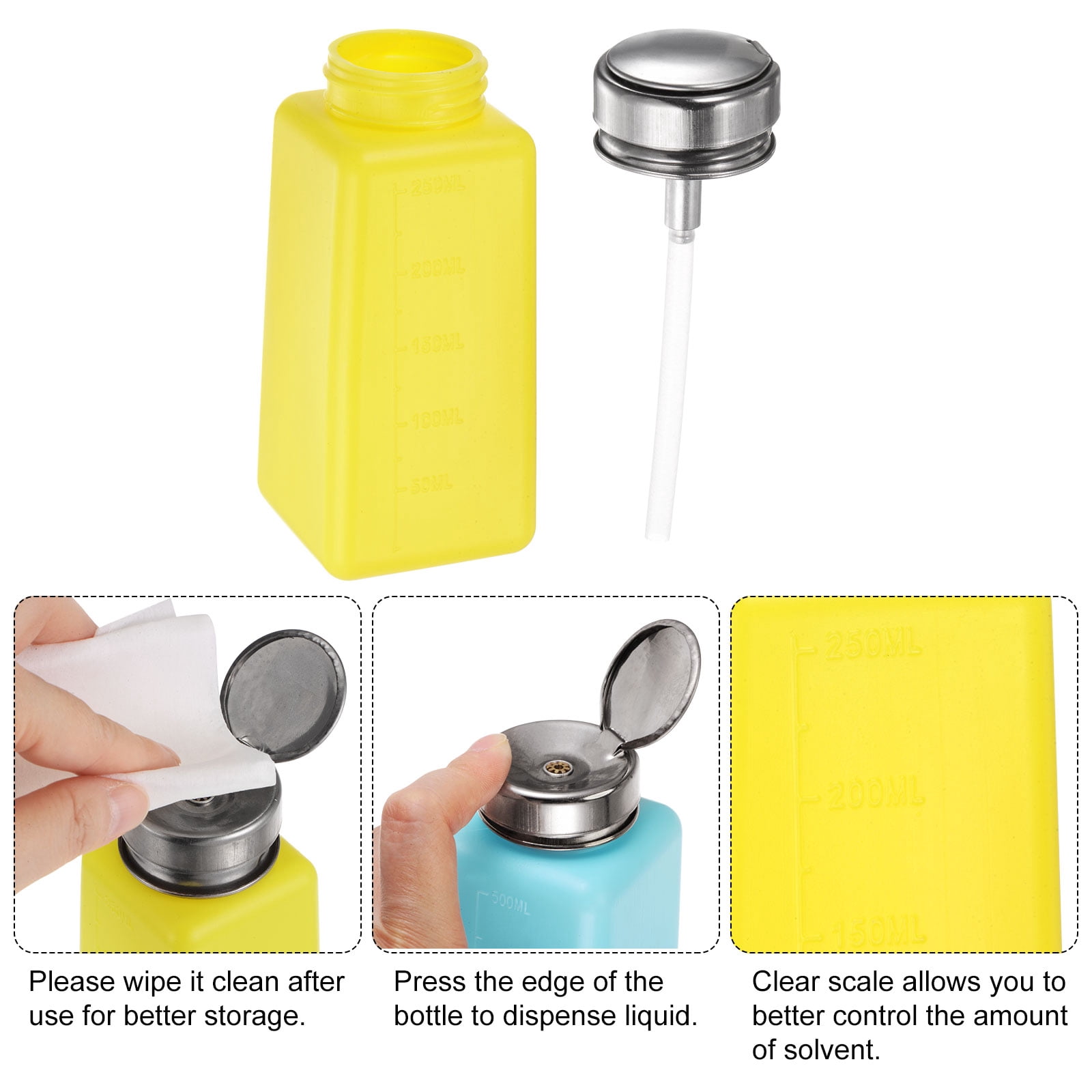 Produktbild von 180 Ml Push-Down-Pumpflasche Aus Kunststoff – Blau, Mit Skala, ESD-tauglich, Für Alkohol, Aceton & Reinigungsmittel