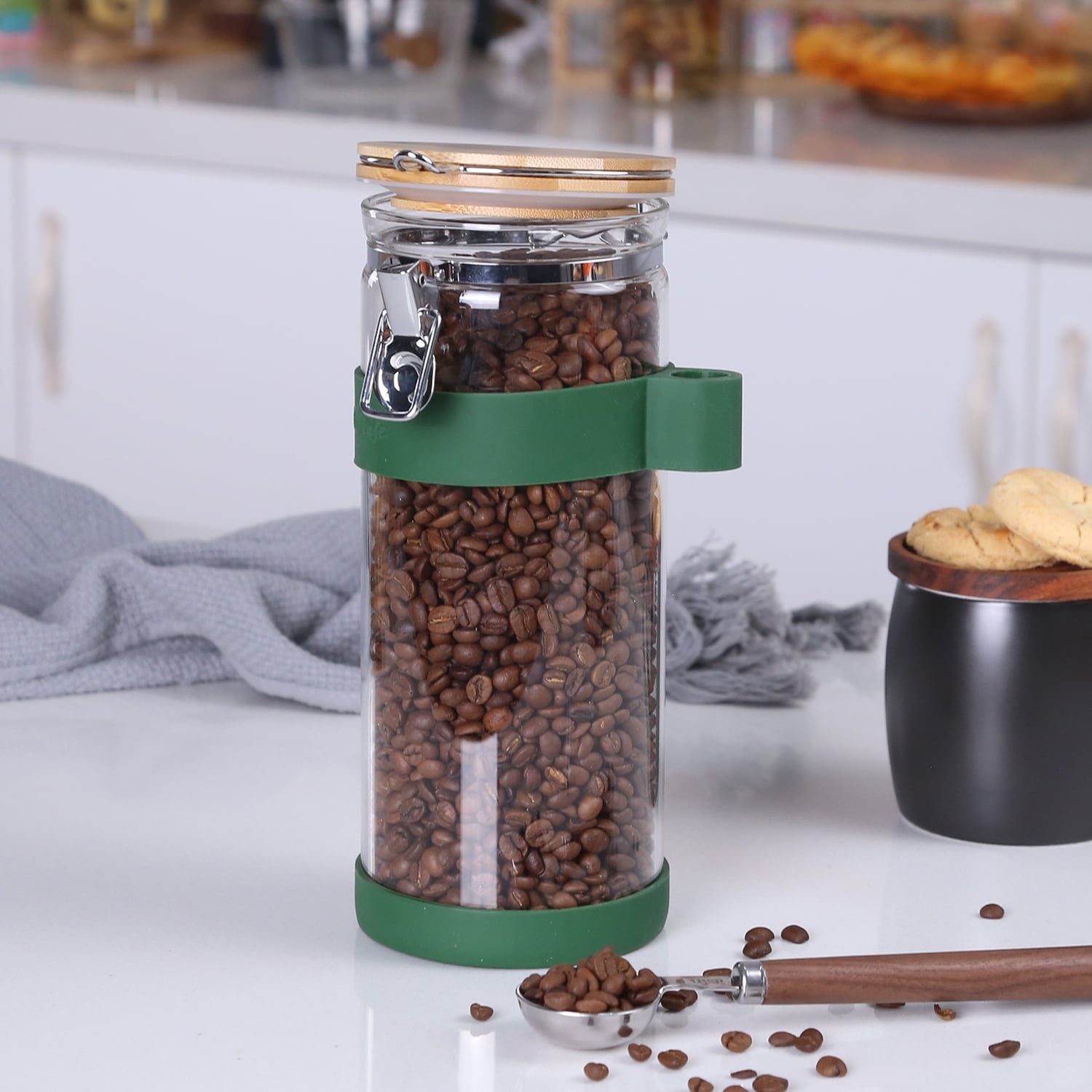 Zrwcvxy Glass Coffee Jar with SHELF,GLASS Coffee Canisters with Bamboo Lid and Spoon,3 * 48 oz Ground Coffee Storage,with Airtight Clip Coffee Bean