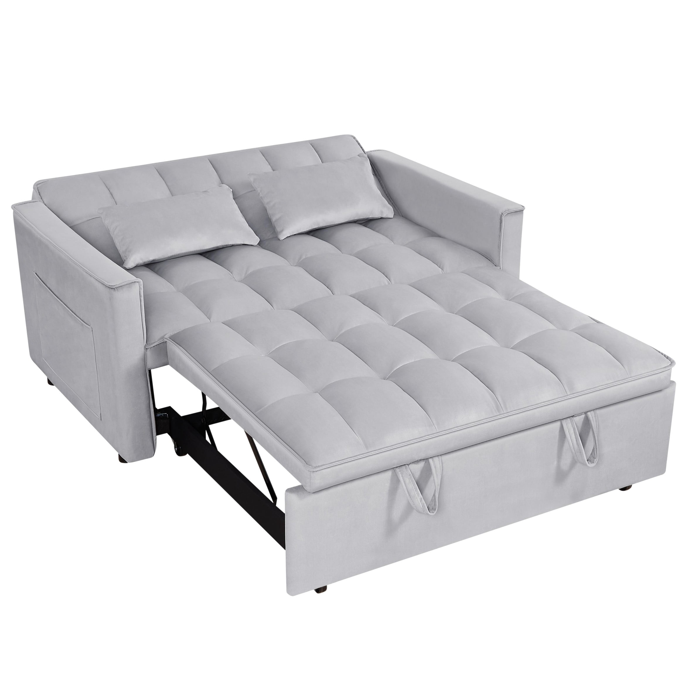 BSHTI 54" Pull-Out Sleeper Sofa Bed – Twin Size with 3 in 1 Convertible Sofa Bed, with Adjustable Backrest, Velvet Upholstery, Side Pocket Storage, Easy Assembly,Light Grey