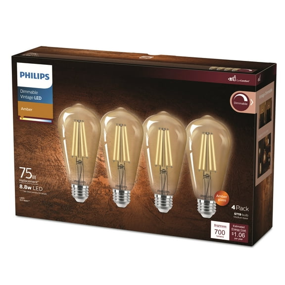 Philips LED 75-Watt ST19 Filament Straight Tubular Vintage Light Bulb, Amber, Dimmable, E26 Medium Base (4-Pack)
