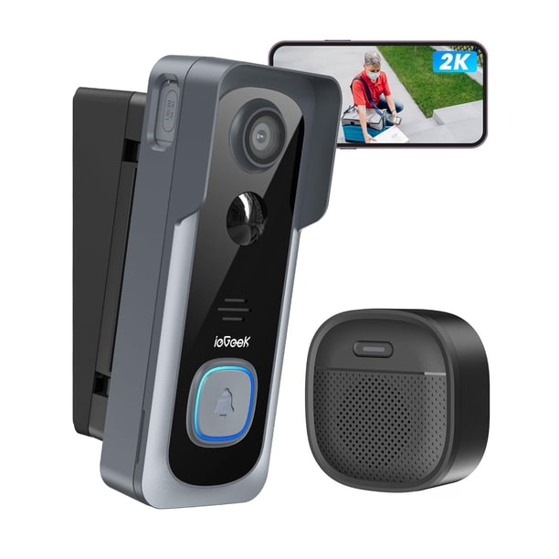 ieGeek Timbre con cámara 2K inalámbrico sin suscripción con soporte de ángulo de timbre ajustable, timbre con vídeo con timbre, detección de movimiento PIR, audio de 2 vías, cambiador de voz, WiFi de