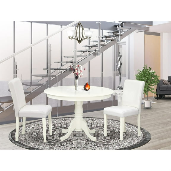 Luxurious HLAB3-LWH-64 Dining Set: Round 42" Kitchen Table & 2 Parson Chairs. Linen White Finish, PU Leather-White Color. Budget-friendly & Durable.