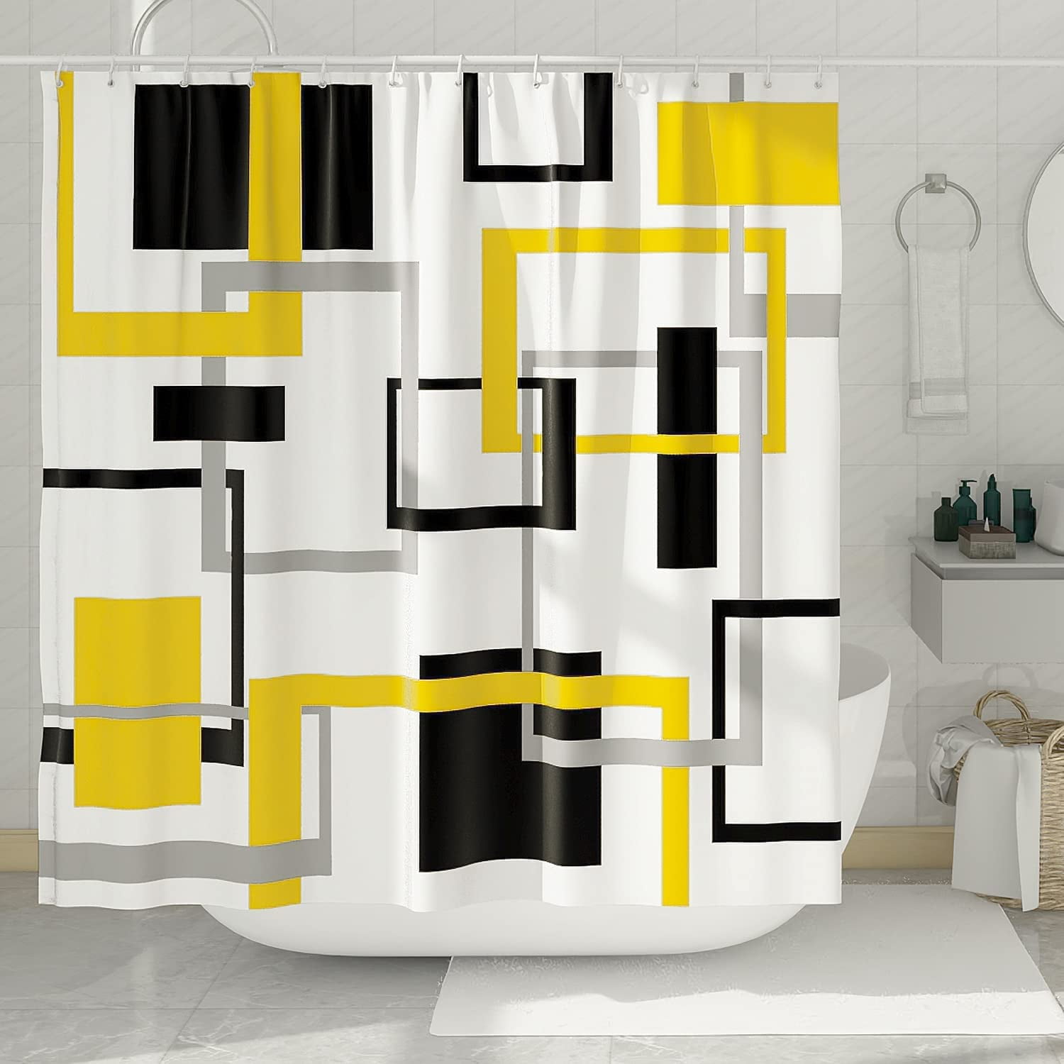 Yellow Black Geometric Shower Curtain Set Neutral Abstract Shower Curtains for Bathroom Modern Bathroom Decor Polyester Fabric-72" x 72"