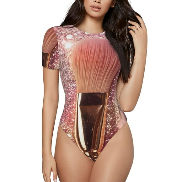 Balery Makeup Brush on Pink Glitter Body de cuello redondo de manga corta para mujer Tops de manga corta Tops básicos-Large
