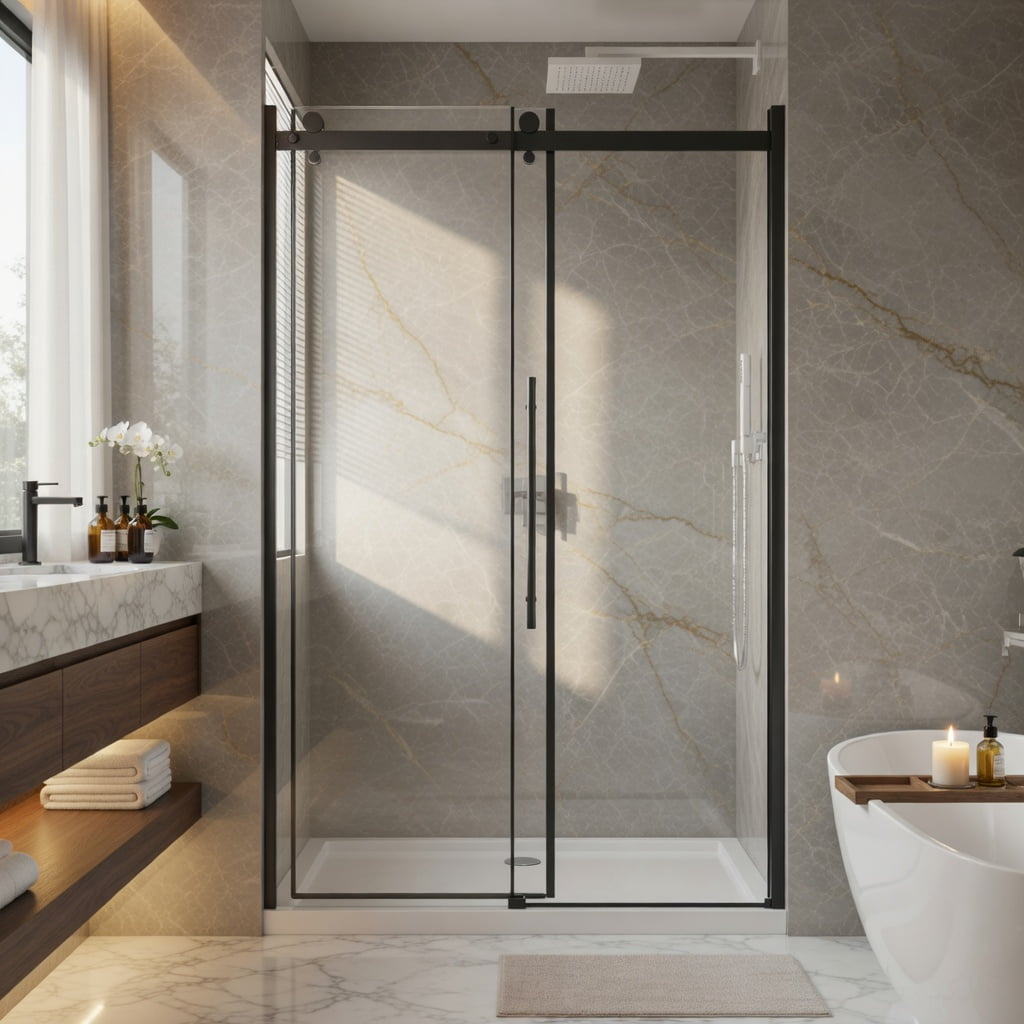 Hommoo 48" W x 72" H Frameless Single Sliding Shower Door, 1/4" Tempered Clear Glass, Aluminum Rail & Stainless Steel Handle, Adjustable Width (46.8–48"), Reversible Installation, Black & Transparent