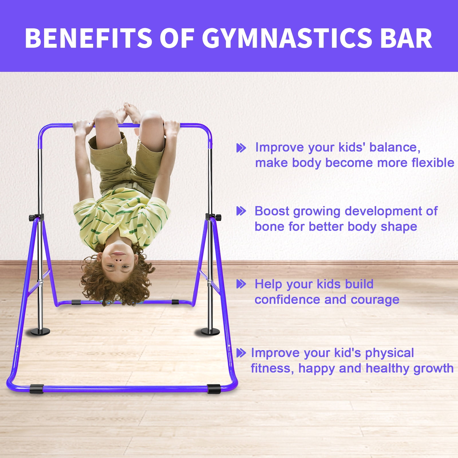 Aukfa Expandable Gymnastic Bars,Adjustable Height Gymnastic Horizontal Bars for Kids, Folding Training Bars,Purple