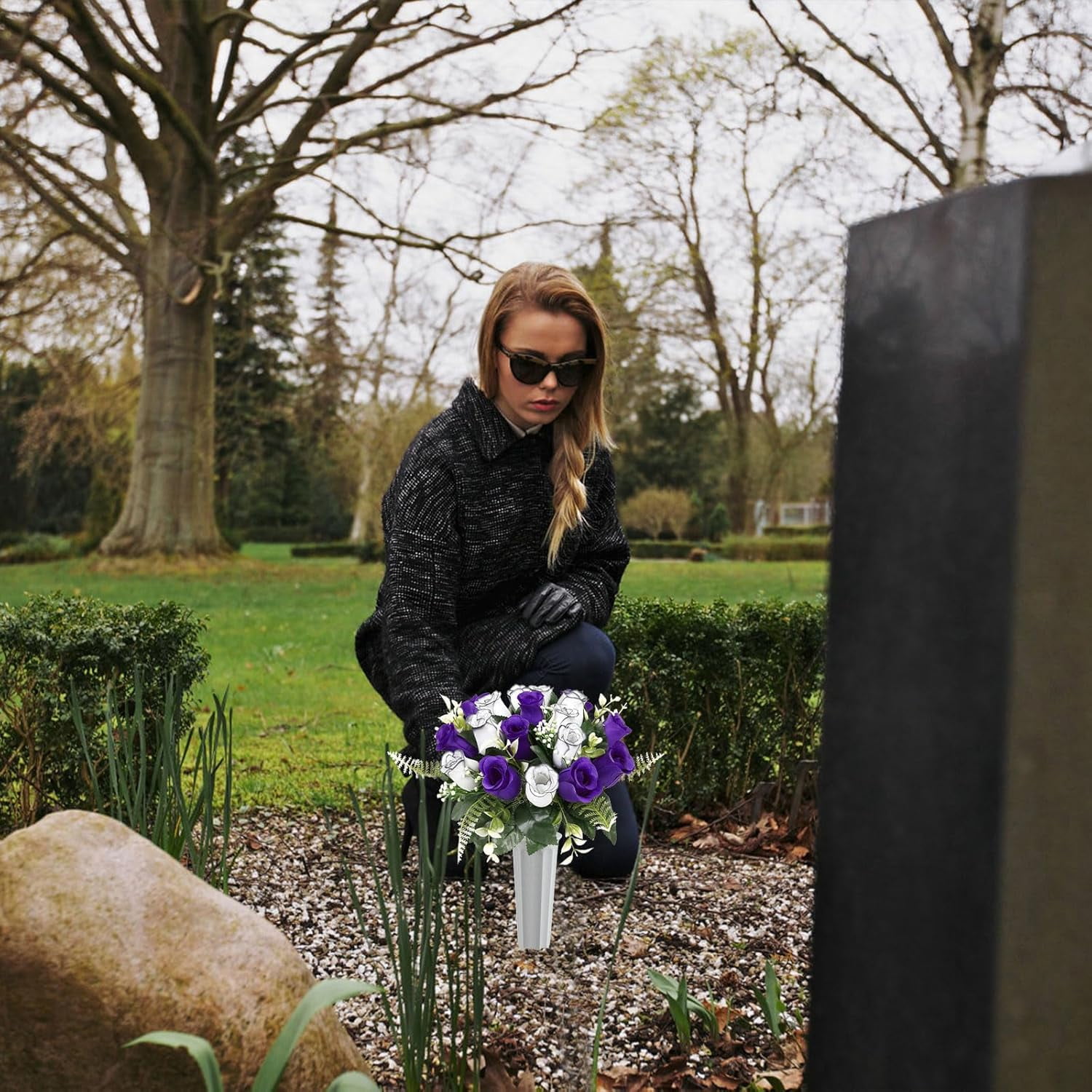 2Pcs Artificial Cemetery Flowers with Vase for Grave Silk Memorial Rose Flowers Outdoor Grave Flowers for Grave Vase Cemetery Flower Arrangements, Blue & White