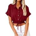 thumbnail image 2 of Women Casual Crop Short Sleeve Button Down Blouses Shirt Collar Loose Fit Shirt Wine Red XXL, 2 of 6
