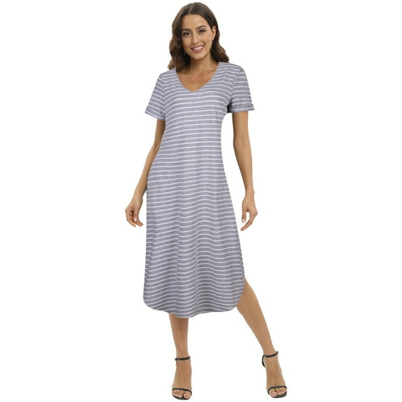 Nightgowns for Women V Neck Nightshirts Short Sleeve Soft Sleepwear Side Split With Pockets Long Nightdress Plus Size S-3XL