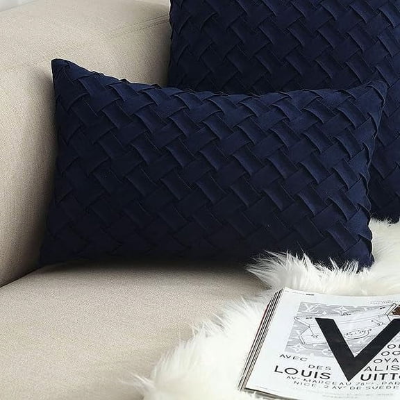 Nvzi Basket Weave Pattern Decorative Throw Pillow Cover Super Soft Suede Solid Lumbar Accent Cushion Case for Couch Sofa Car (Navy,12"x20")