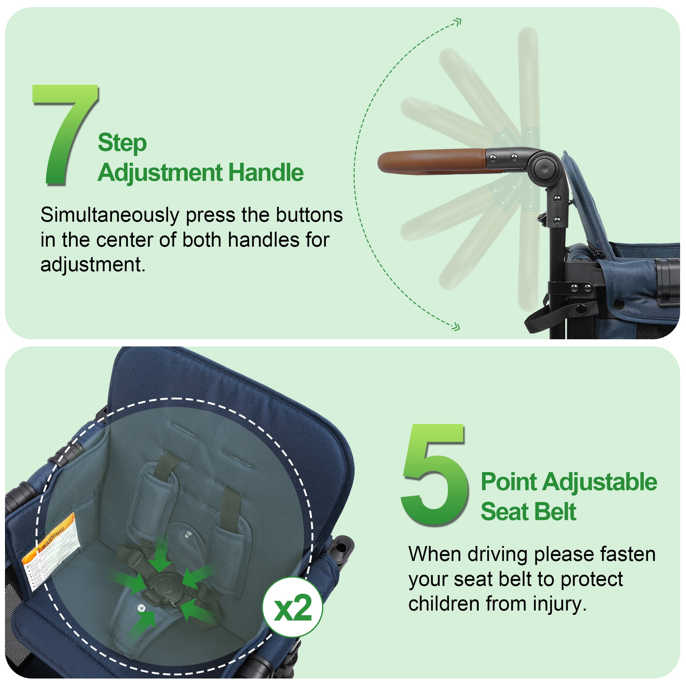 Vomeast Wagon Stroller for 2 Kids, 3-in-1 Outdoor Baby Stroller Wagon with Canopy, 5-Point Harness, Adjustable Handlebars, Removable Seat for Toddlers, Blue
