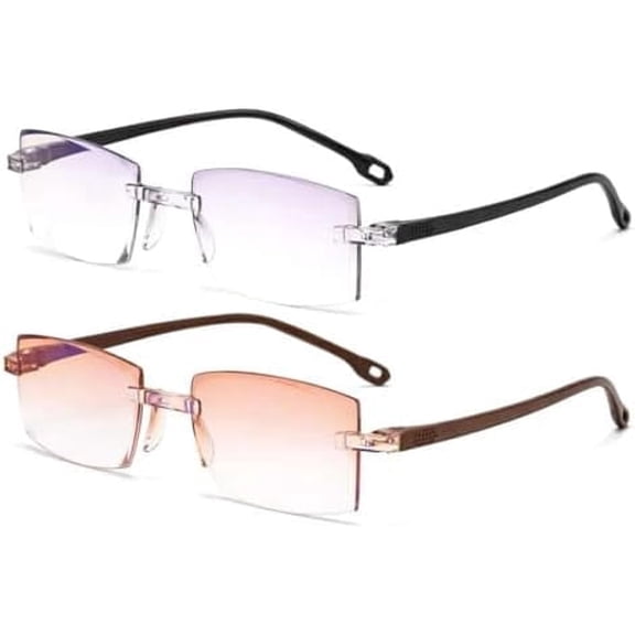 2 Pack Rimless Readers Rectangle Frameless Metal Arm Reading Glasses for Women Men Lightweight Office Screen