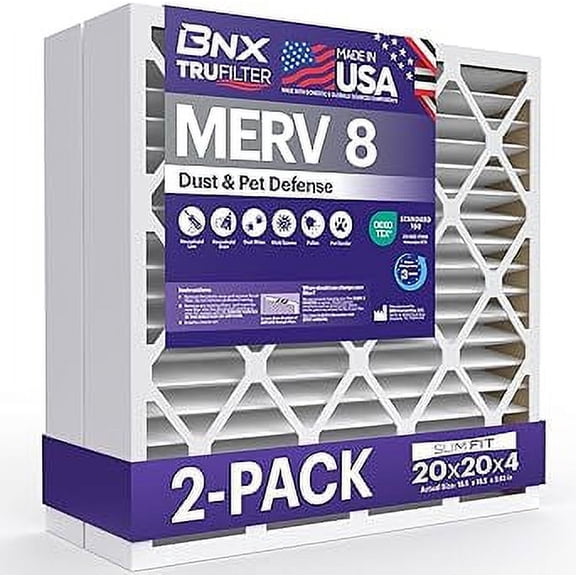BNX TruFilter 20x20x4 (19.5’’ x 19.5’’ x 3.63‘’ Slim Fit) MERV 8 Air Filter 2-Pack - MADE IN USA - Air Conditioner Furnace Filters HVAC AC Furnace Filters for Dust, Pet, Mold, Pollen MPR 600-700 FPR 5