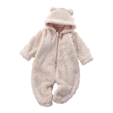 SERTG Toddler Kids Cute Hooded Romper Thick Lined Full Sleeve Bodysuit Fall Winter Warm Cozy Soft Onesie for Infants Boys and Girls 0-18 Months(Beige 3 Months)