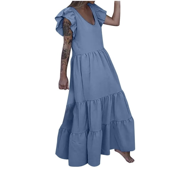 IROINNID V-Neck A-Line Dress For Women Fashion Casual Gorgeous Solid Summer Ruffles Sleeve Long Dress Comfort Waist Dress