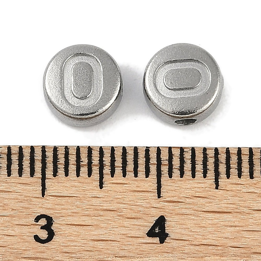 Anti-304 Stainless Steel Beads Flat Round with Letter Stainless Steel color Letter O 7x3.8mm Hole: 1.8mm