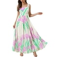 thumbnail image 2 of INSPIRE CHIC Pleated Maxi Dresses for Women's Square Neck High Waist Casual Long Floral Flare Dress S Beige, 2 of 6