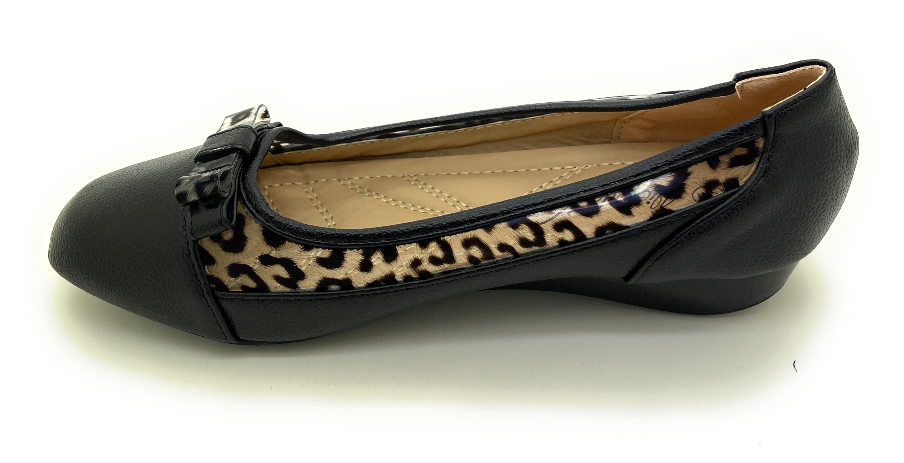 Women’s Ballerina Flats with Leopard Print Trim and Bow – Low Wedge Slip-On Dress Flats with Cushioned Insole – Comfortable Casual Everyday Shoes for Work or Evening Wear