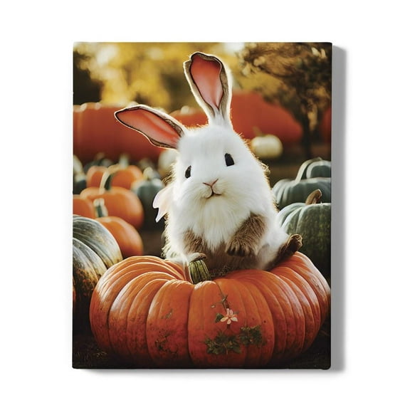 Cute Bunny Sits On Pumpkin. Wrapped Canvas -Image by Shutterstock,