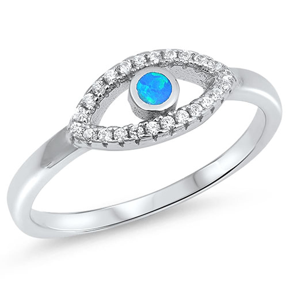 Sterling Silver Evil Eye Clear & Blue CZ Stones Ladies Ring 