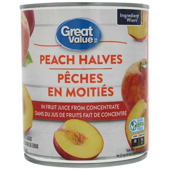 Great Value Pêches en Moitiés dans du Jus de Fruits Fait de Concentré