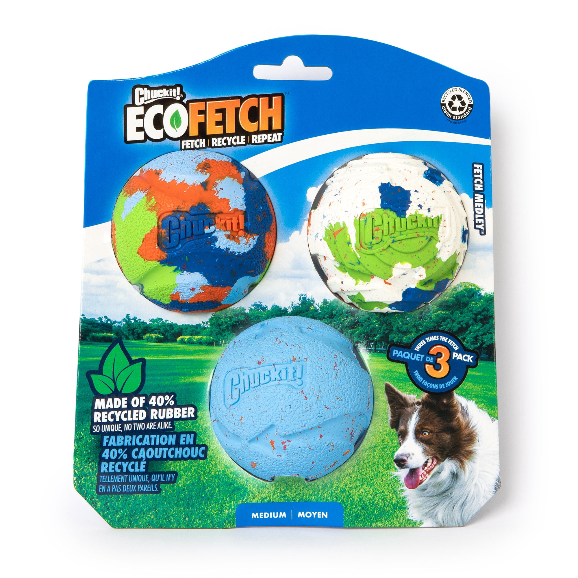 Chuckit! EcoFetch Medley Recycled Rubber Dog Balls Fetch Toy for Dogs, Medium 2.5" for Pets 20 to 60 lbs, Pack of 3