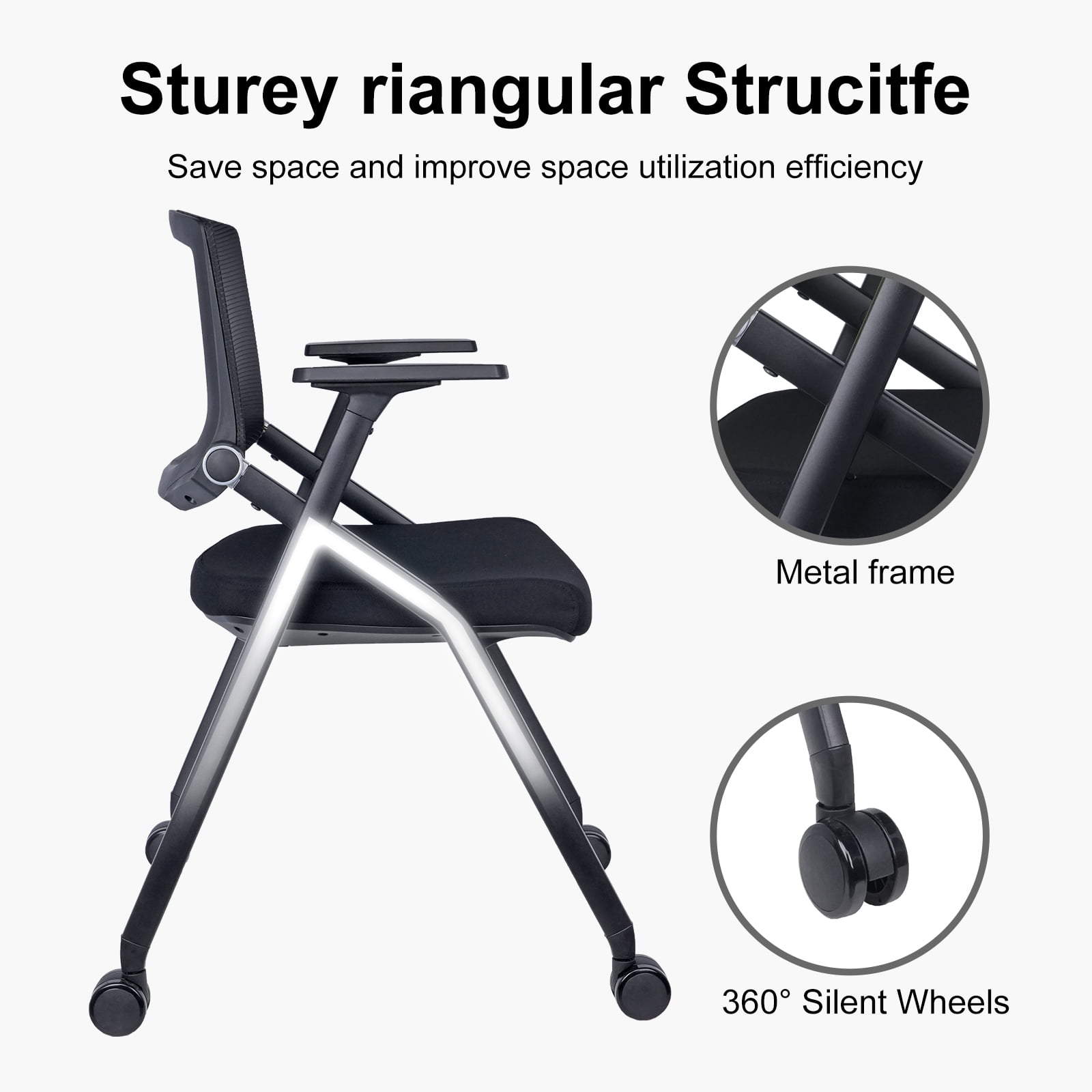 Upgraded Folding Office Chair Stackable Conference Room Chairs with Wheels and Padded Mesh Back Ergonomic for Reception Meeting, 2 Pack Black
