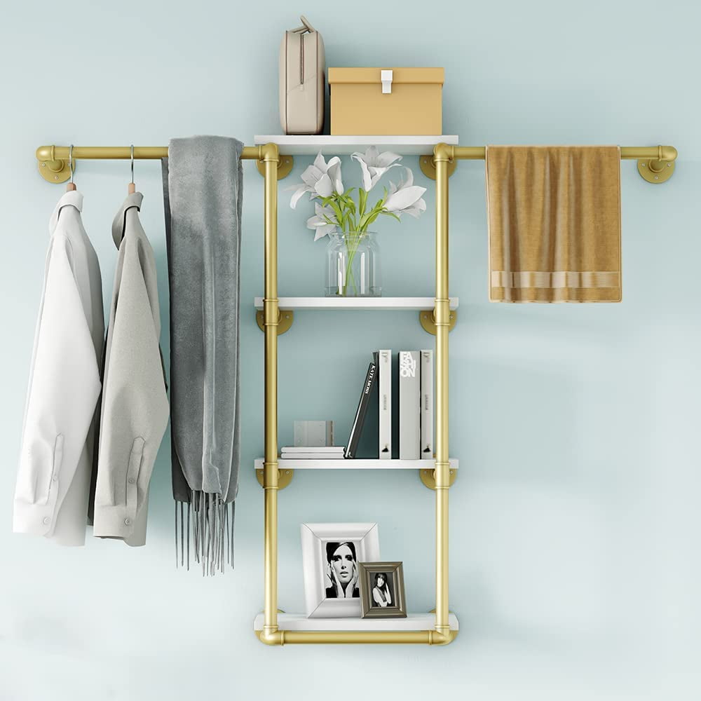 Wall Mounted Pipe Clothing Rack with Shelf,Gold Industrial Clothes Rack