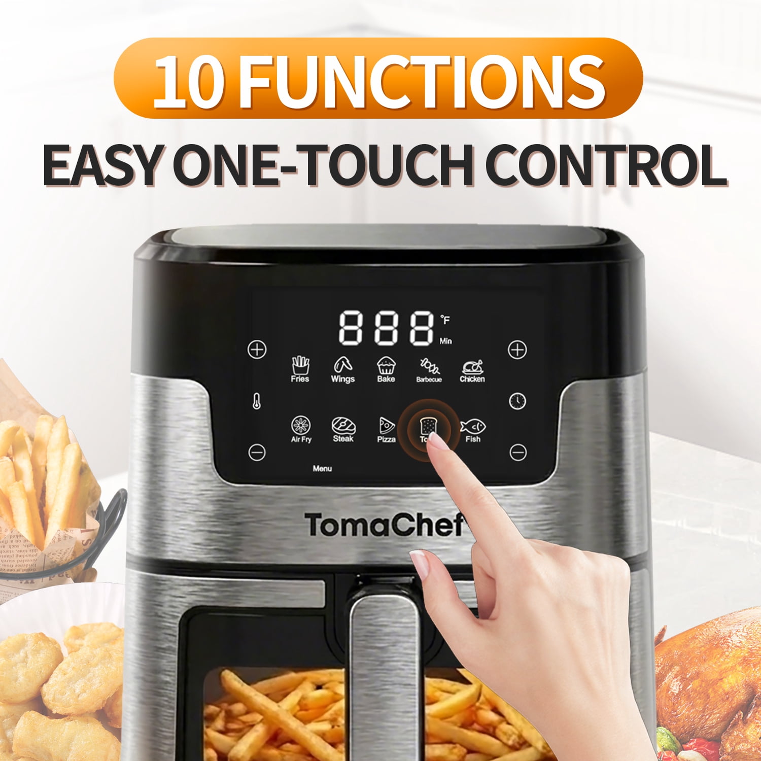 TomaChef 5.3QT Air Fryer, Black and Stainless Steel - Viewing Window, 10 Preset Menus
