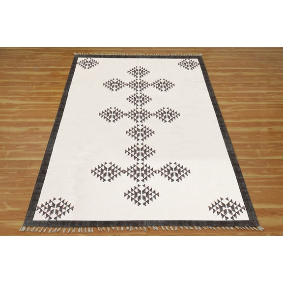Casavani - 2'x3' Area Rugs for Kitchen and Study Room Handblock Printed Beige Cotton Dhurrie