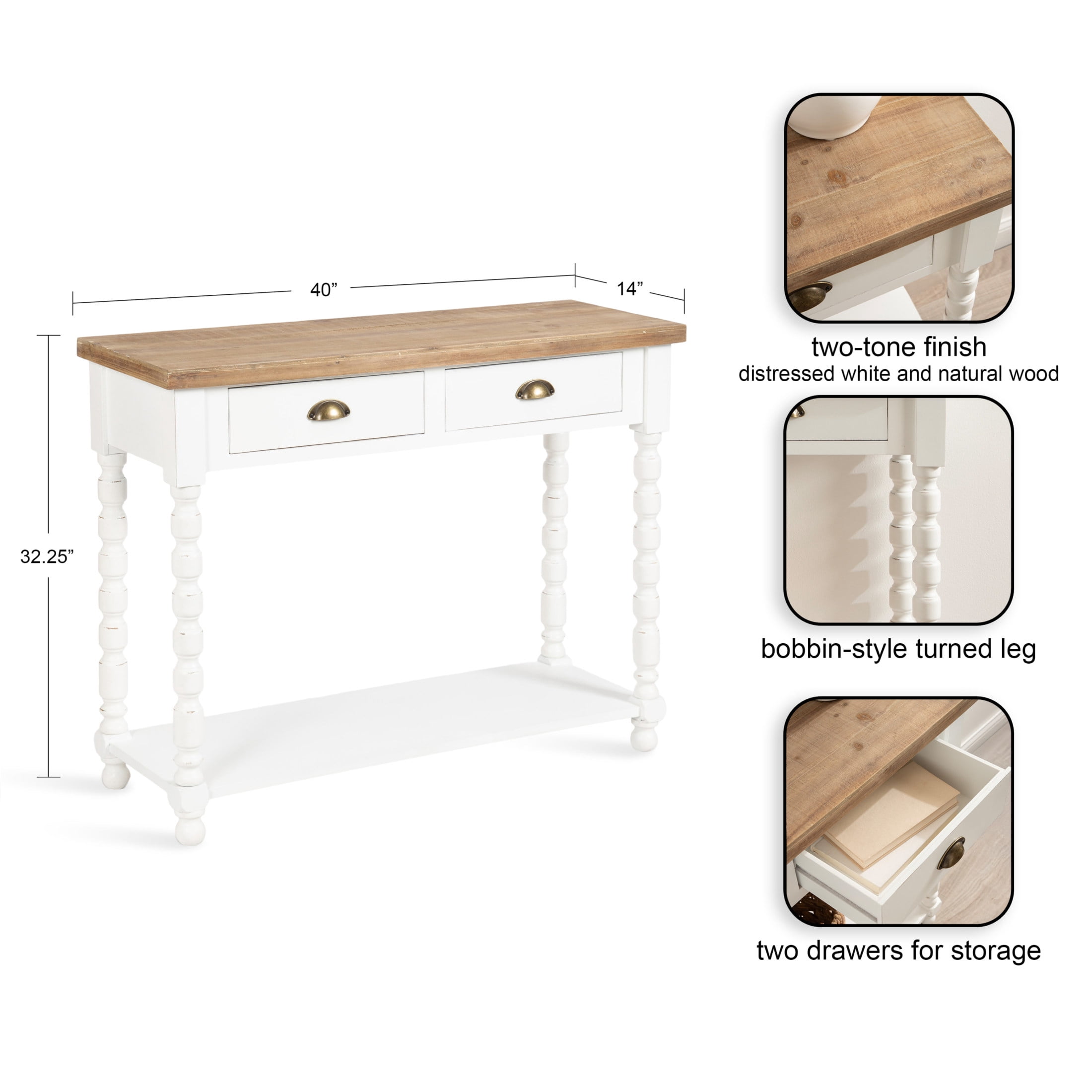 Kate and Laurel Rutledge Coastal Wooden Console Table with Shelf, 40 x 14 x 33, Hazelnut and White, Traditional Wood Entryway Table with Drawers and Decorative Turned Legs for Entry Storage Options
