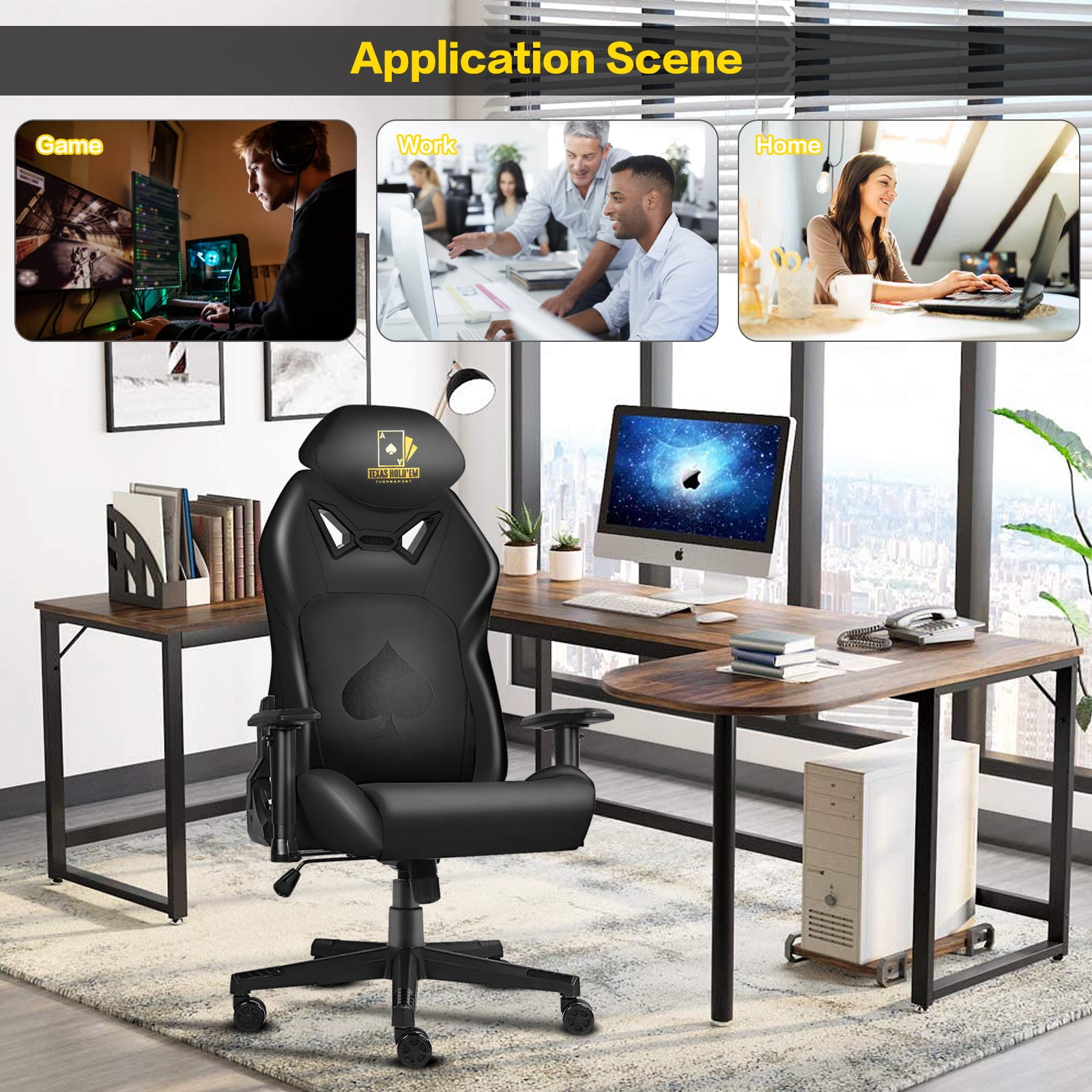 Ergonomic Video Poker Gaming Chair Recliner with Texas Hold'em Sign Swivel Chair with Poker Logo, Lumbar Support, Headrest, Height Adjustable for Study, Home Office, Black Poker 3